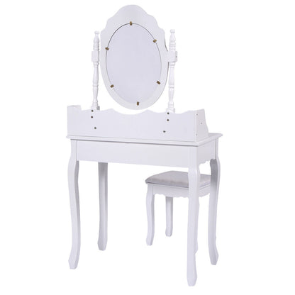 Vanity Table Set with Cushioned Stool with 360¬∞ Rotating Oval Mirror and Three Drawers-White