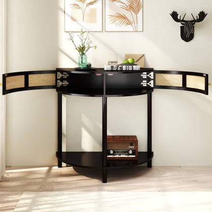 Half-Moon Console Table with Rattan Sliding Doors | Boho Semicircle Entryway Table with 2 Storage Cabinets & Bottom Shelf