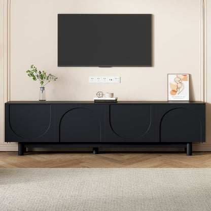 TV Stand Minimalist Black Particle Board Arch Doors Wood Legs Fits 78 In TV