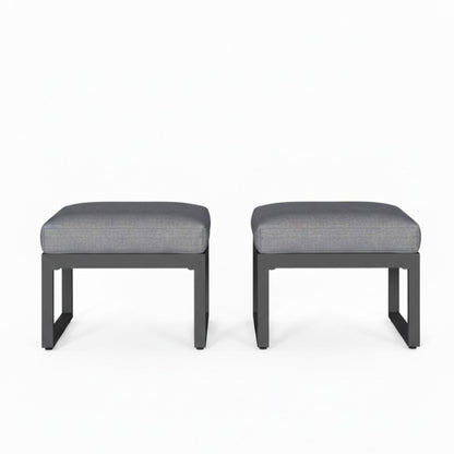 Outdoor Ottoman Aluminum Black Gray Cushion Rectangular Set of 2