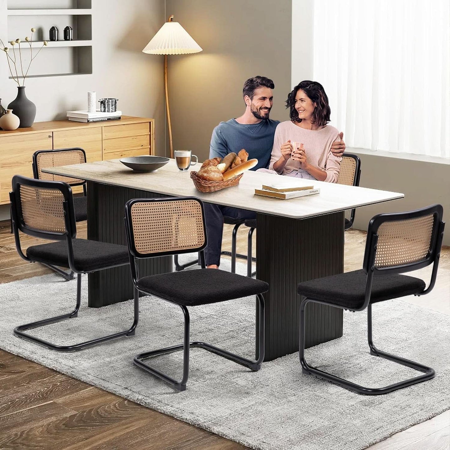 Cesca Cane Dining Chairs Set of 2 Black Boucle Seat