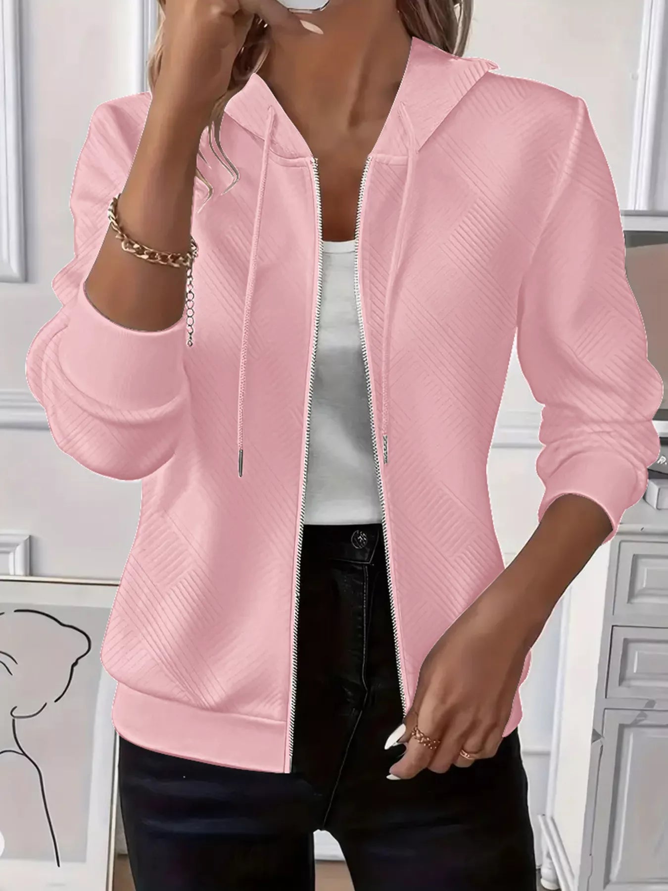 Texture Zip-Up Hoodie with Drawstring