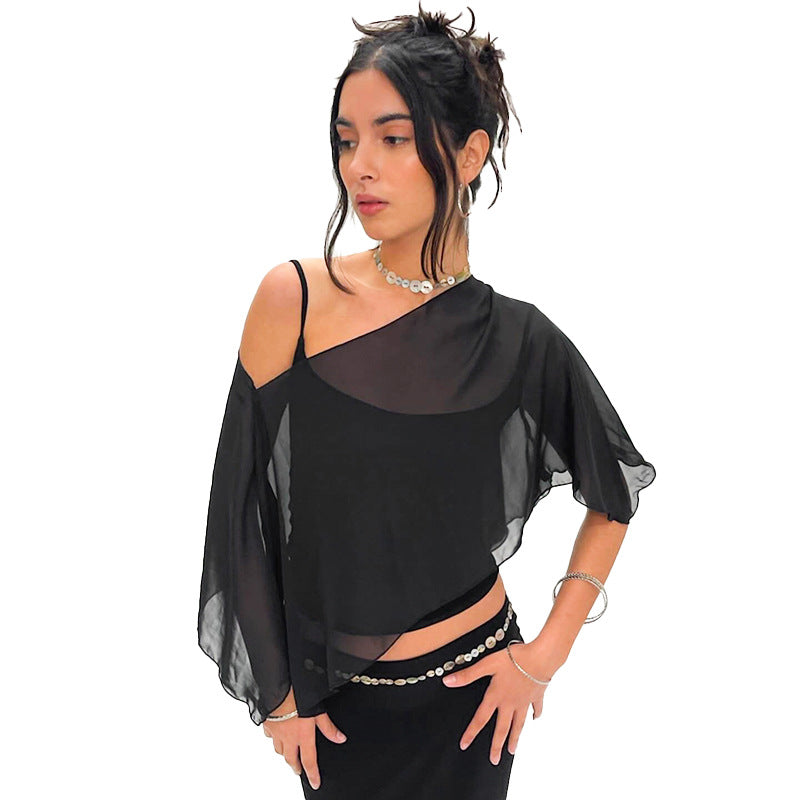 Solid-color Spaghetti-strap Midriff-baring Mesh Off-the-shoulder Outer Layer
