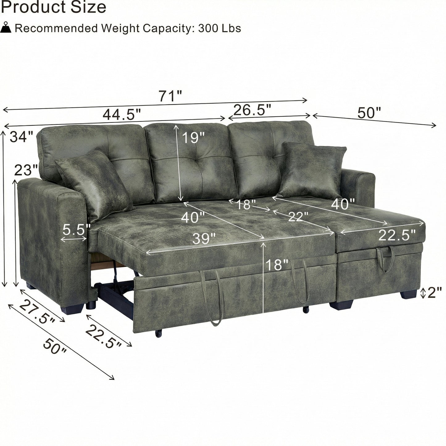Sectional Sofa L-Shape Olive Green Sleeper 71