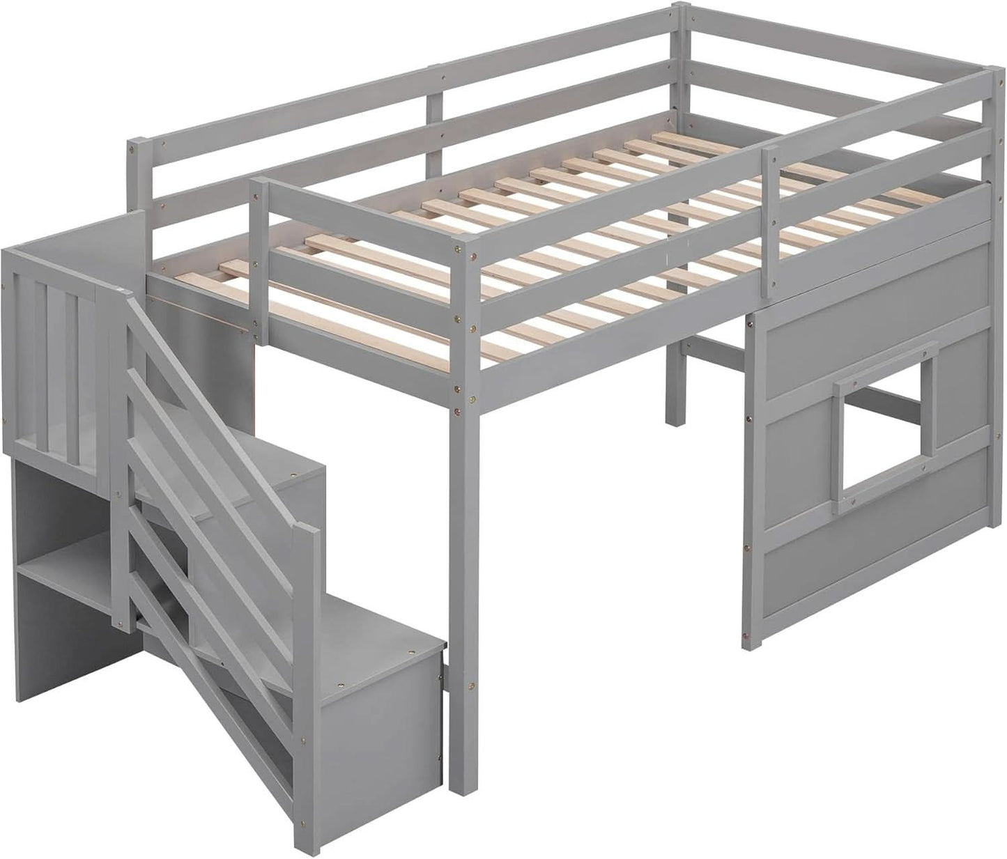 Twin Size Low Loft Bed In Gray With Stairs Storage