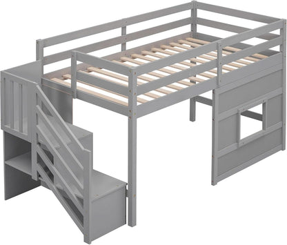 Twin Size Low Loft Bed In Gray With Stairs Storage