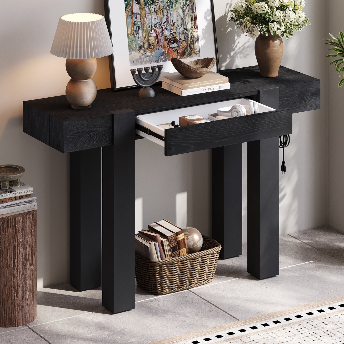 Rustic Console Table, Hidden Drawer, Side Power Outlet, Entryway Table, Black