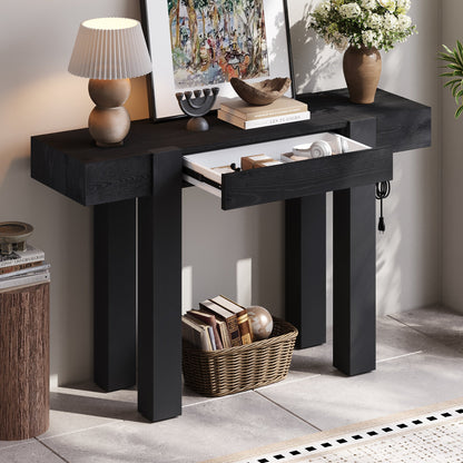 Rustic Console Table, Hidden Drawer, Side Power Outlet, Entryway Table, Black