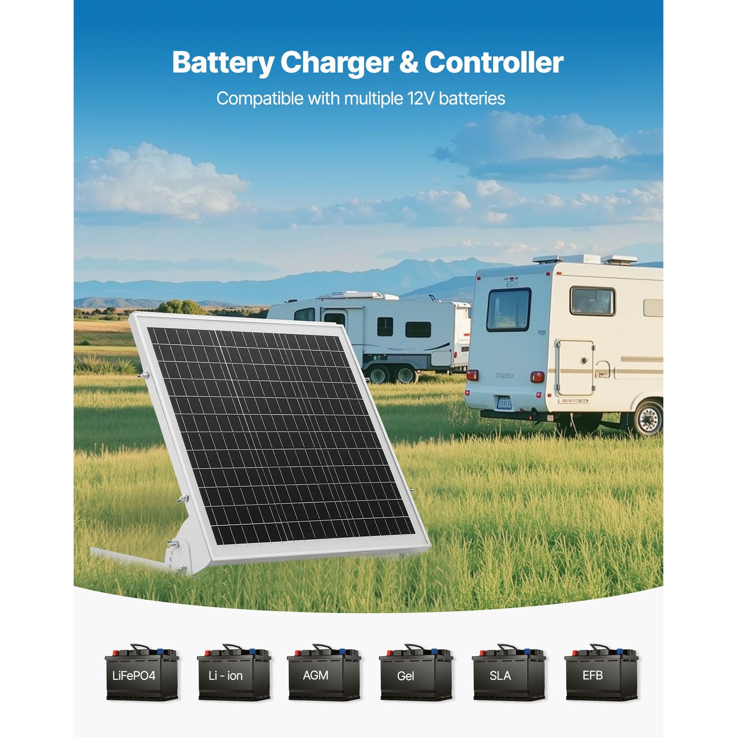 20W 12V Solar Battery Trickle Charger, MPPT Controller, IP65, Car Boat RV