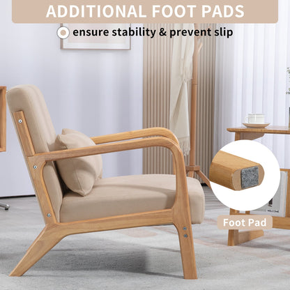 Accent Chair Mid-Century Linen Beige Solid Wood Arms and Legs 23x30x30 In