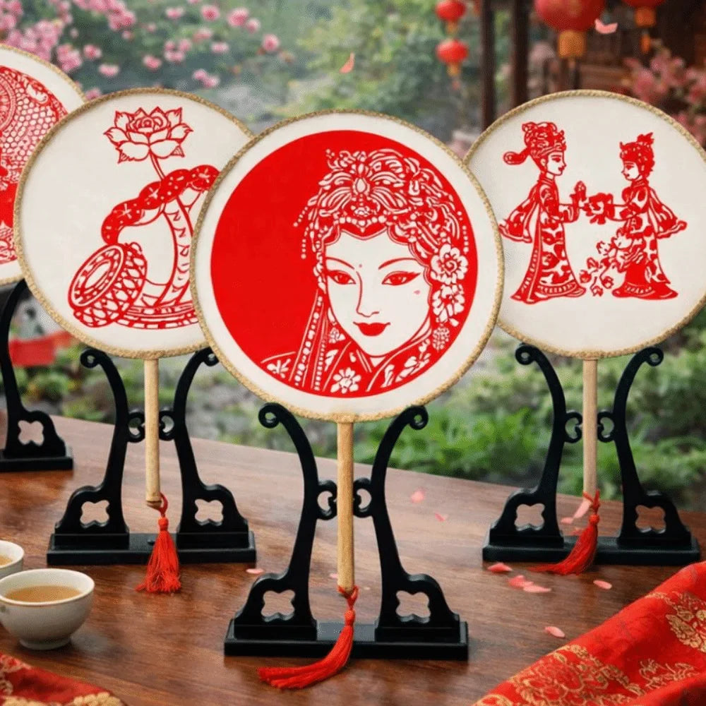 Chinese Paper-Cut Silk Round Hand Fan with Tassel