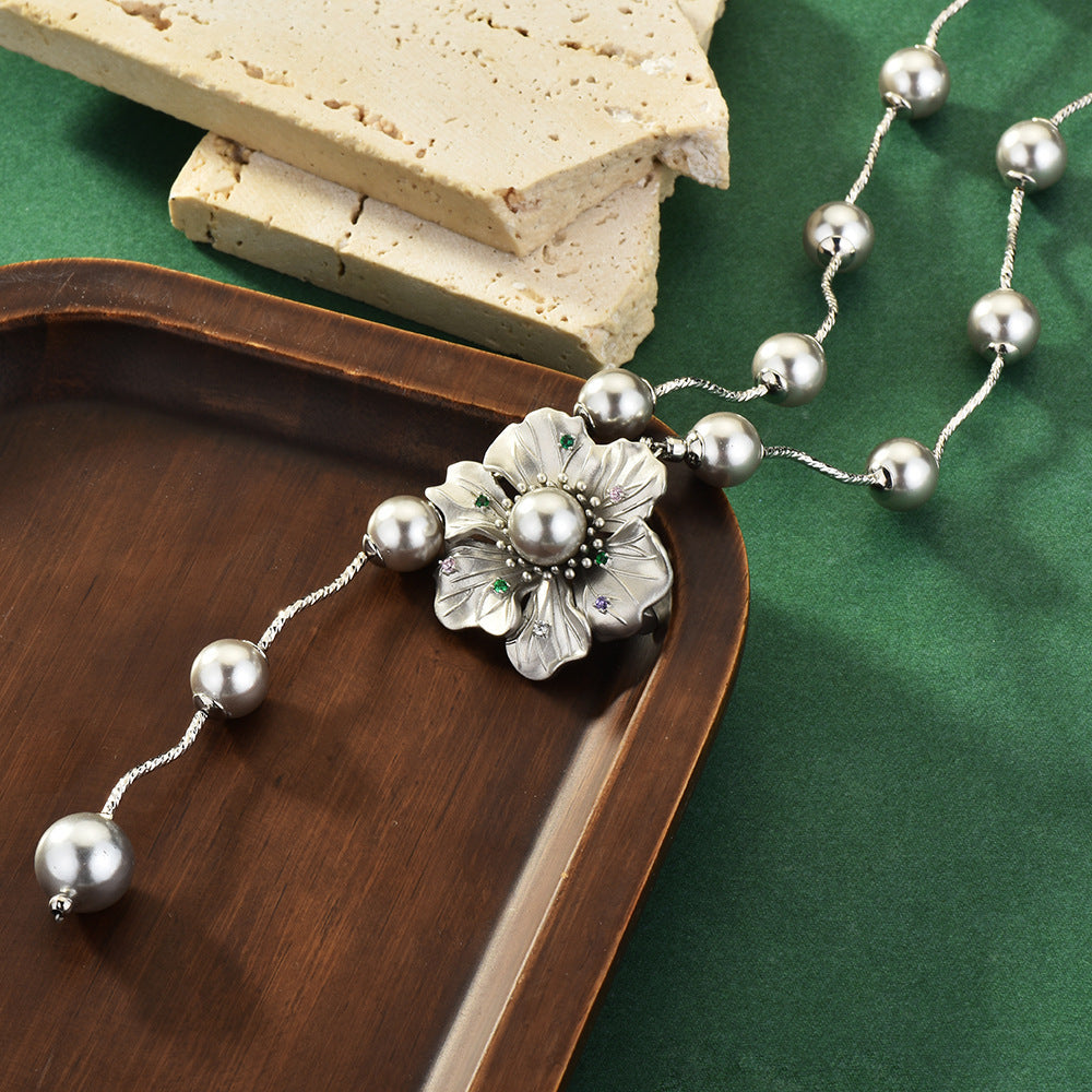 Dainty Flower Zircon Pearl Sweater Chain For Women, Pull Adjustable Wavy Silver Long Necklace, Elegant Minimal Fashion Jewelry