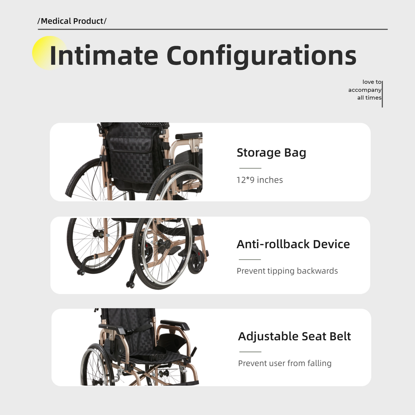 Wheelchair Manual Transport Folding Aluminum 18 In Seat 250 LB Gold Black