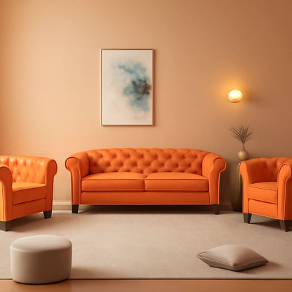 Three Piece Orange Sectional Sofa Set Tufted Living Room