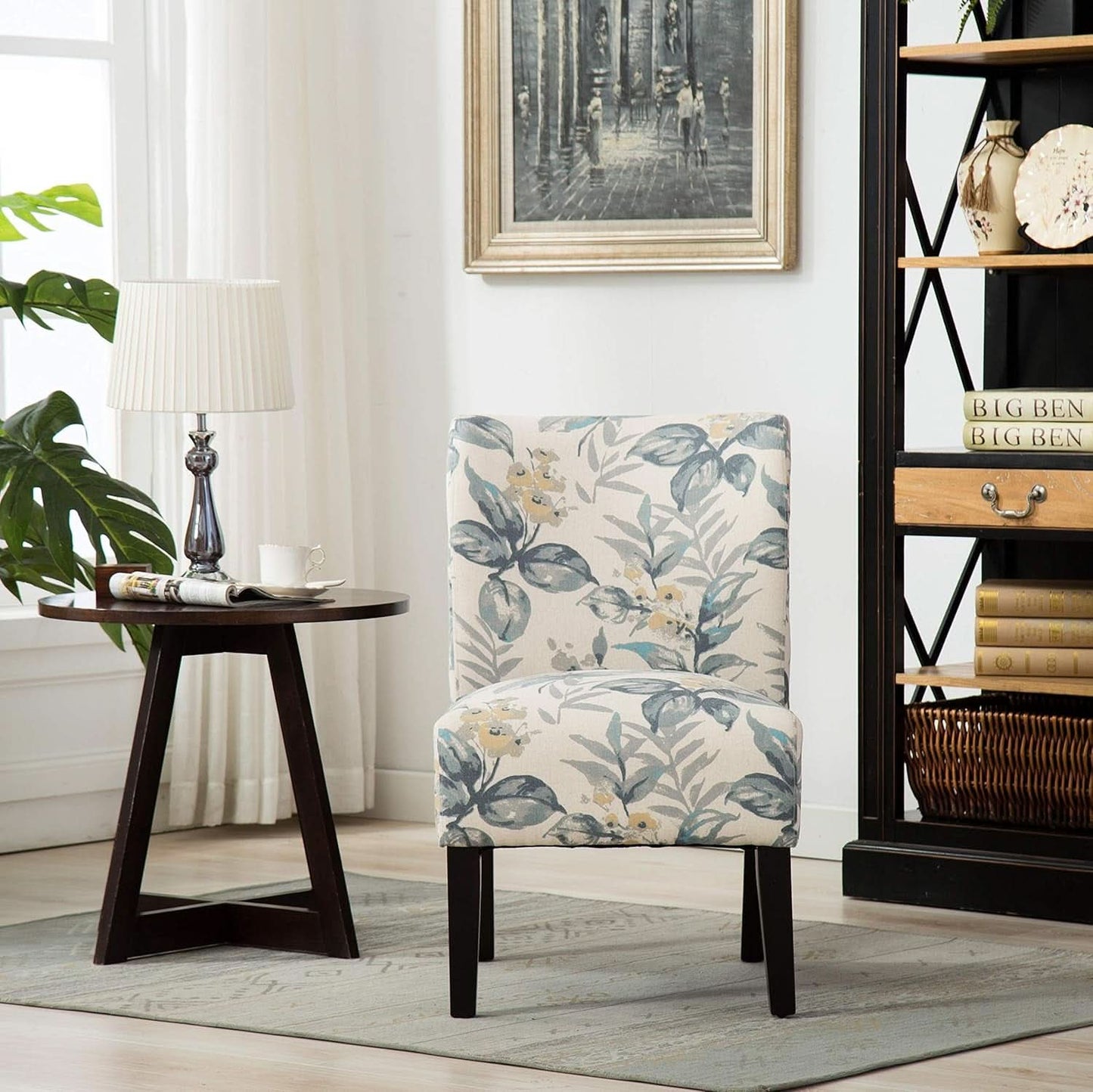 Armless Contemporary Chair With Blue Leaves Upholstery