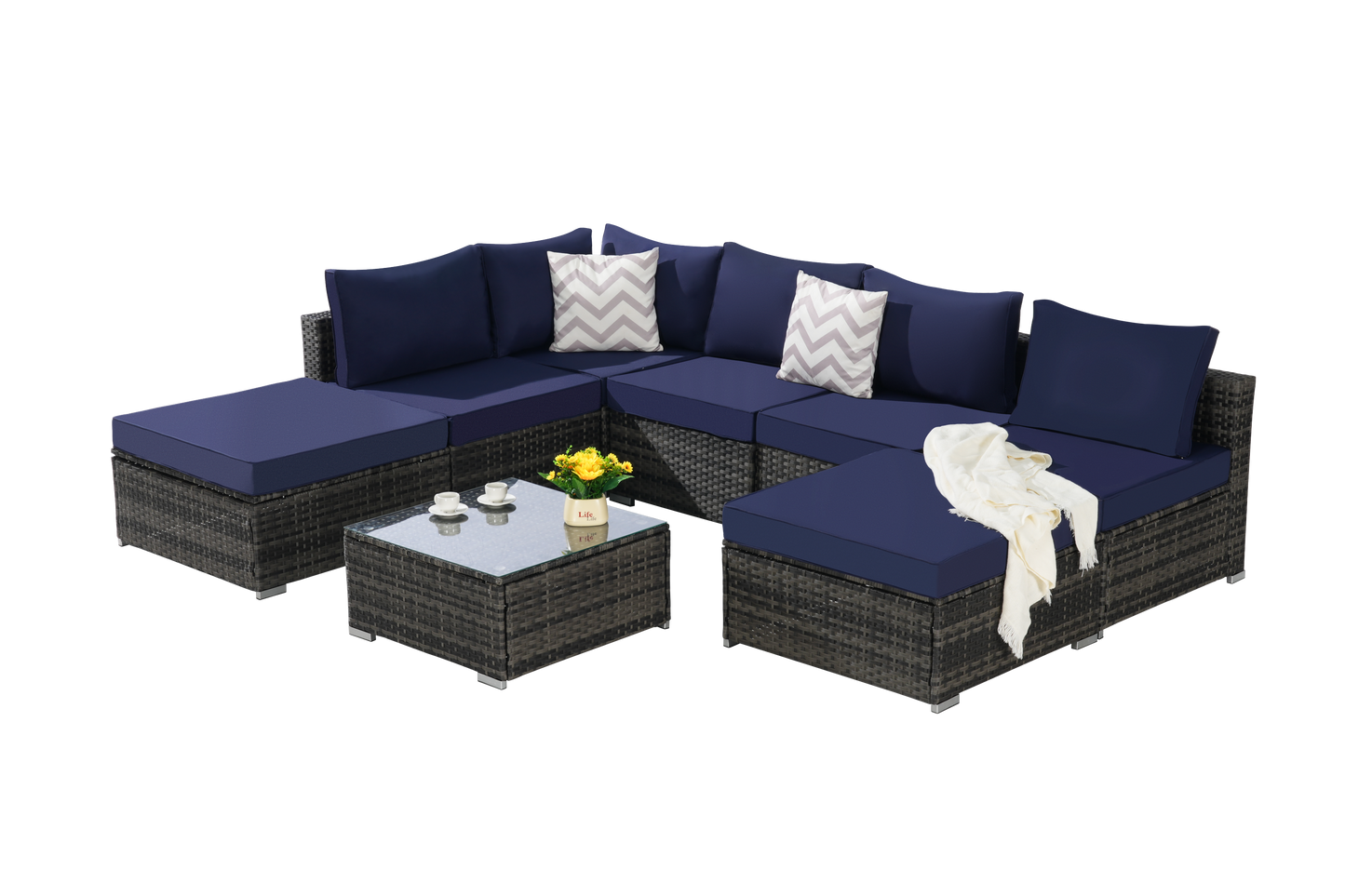 Outdoor Sectional Set PE Rattan Steel Dark Blue 8 Piece Seats 8 380 LB