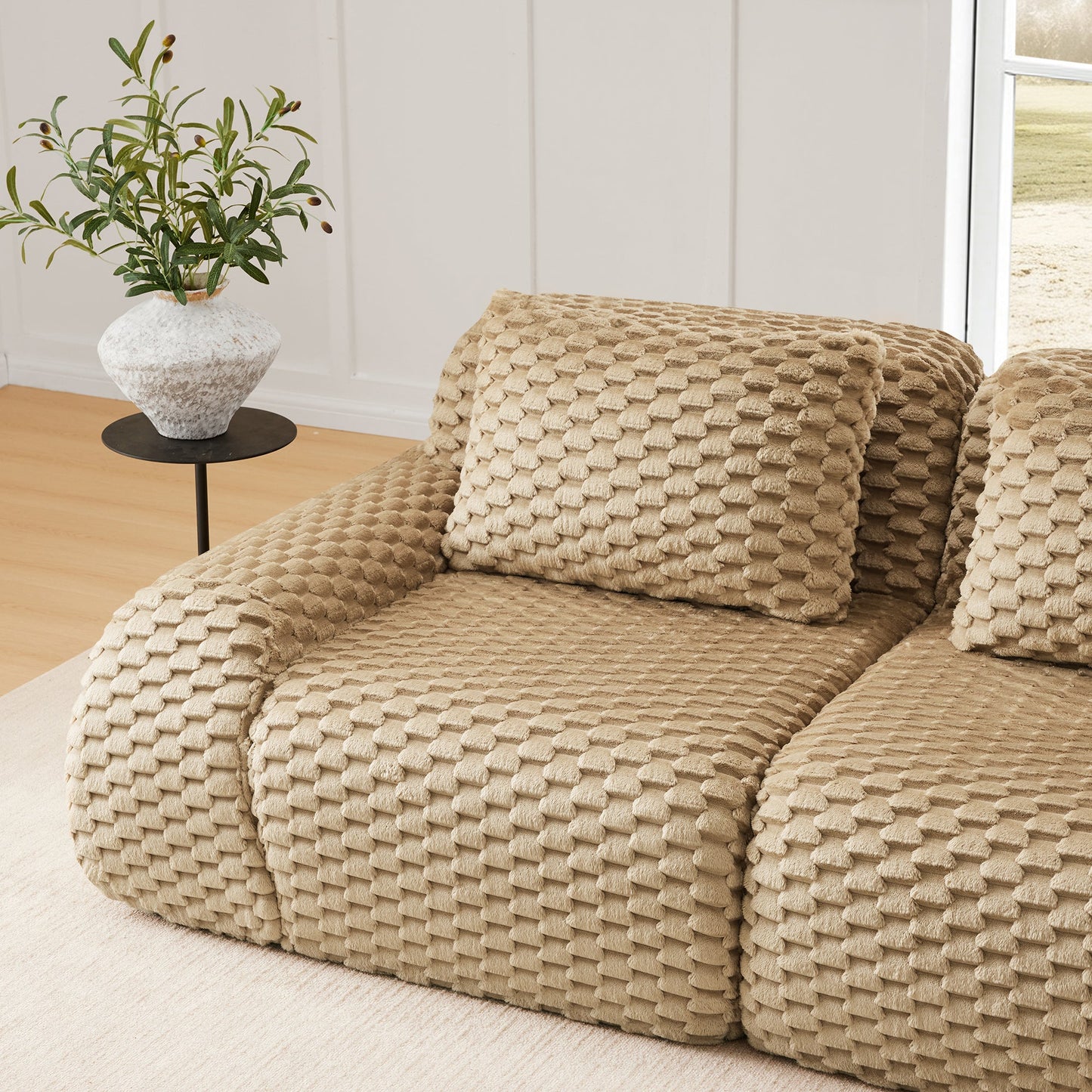 Sectional Sofa Modular Flannelette Camel 2 Seat Curved Footrest