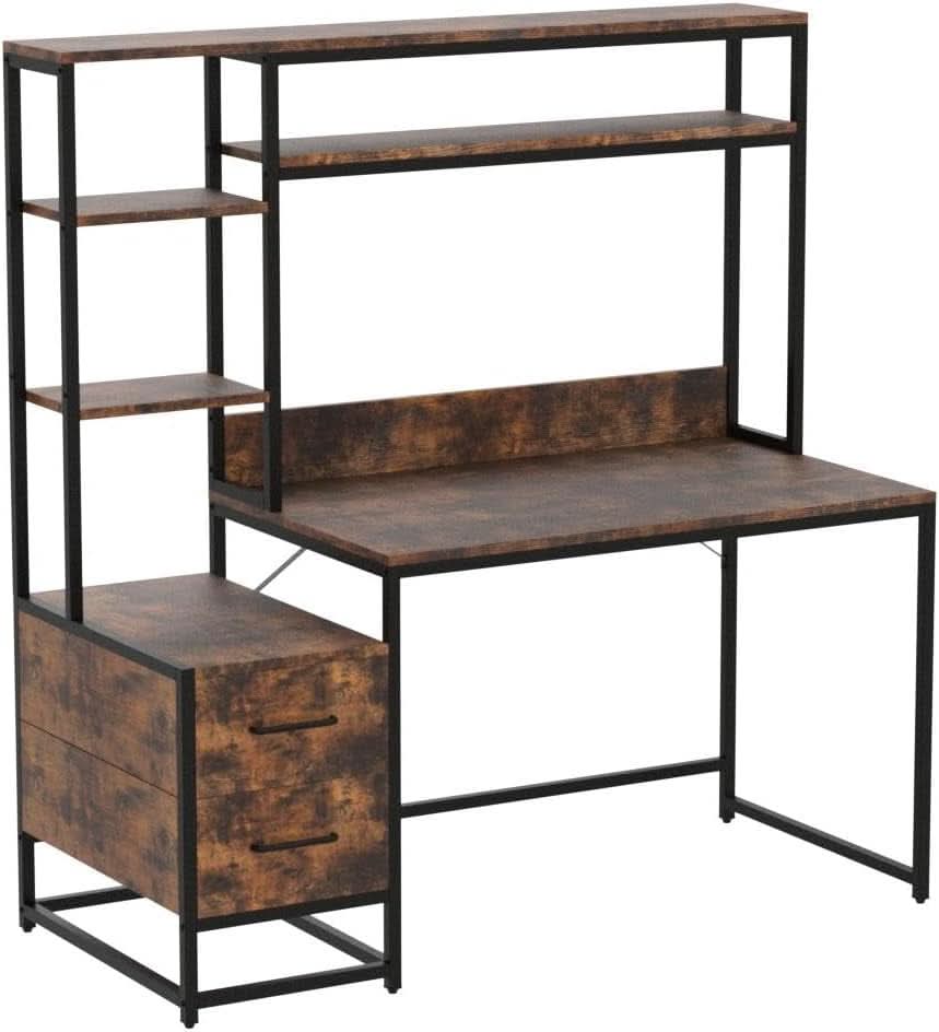 55 Inch Rustic Brown Computer Desk With Drawers And Shelves