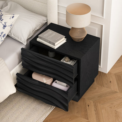 Solid Wood Nightstands Set of 2, 2 Drawers, No Handles, Living Room, Black