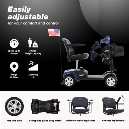 Mobility Scooter 4-Wheel Metal Blue 300 LB 10 Mile Basket Cup Holder 5 mph