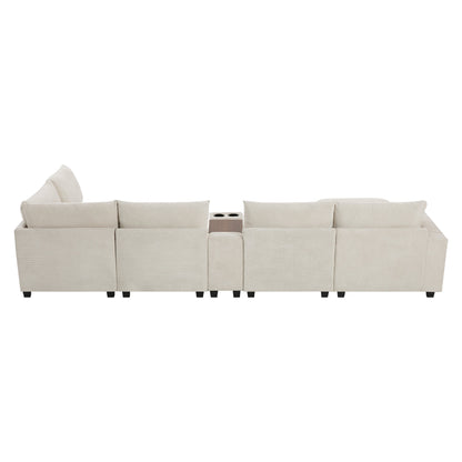 Sectional Sofa U-Shape Corduroy Beige 6 Seat Storage Ottoman USB 140 In