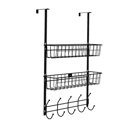 Over The Door Hooks Organizer Door Towel Rack Hanger 5 Hooks with 2 Metal Baskets for Bathroom Bedroom Kitchen Storage Shelf