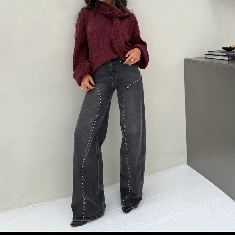 Fashionable Beaded Trendy Street-style Casual Versatile Straight-leg Denim Jeans