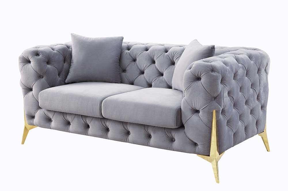 Jelanea - Loveseat With 2 Pillows - Gray Velvet & Gold