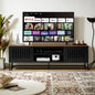 TV Stand Mid-Century Black MDF Slatted Grille Doors 4-Shelf Fits 60 In TV