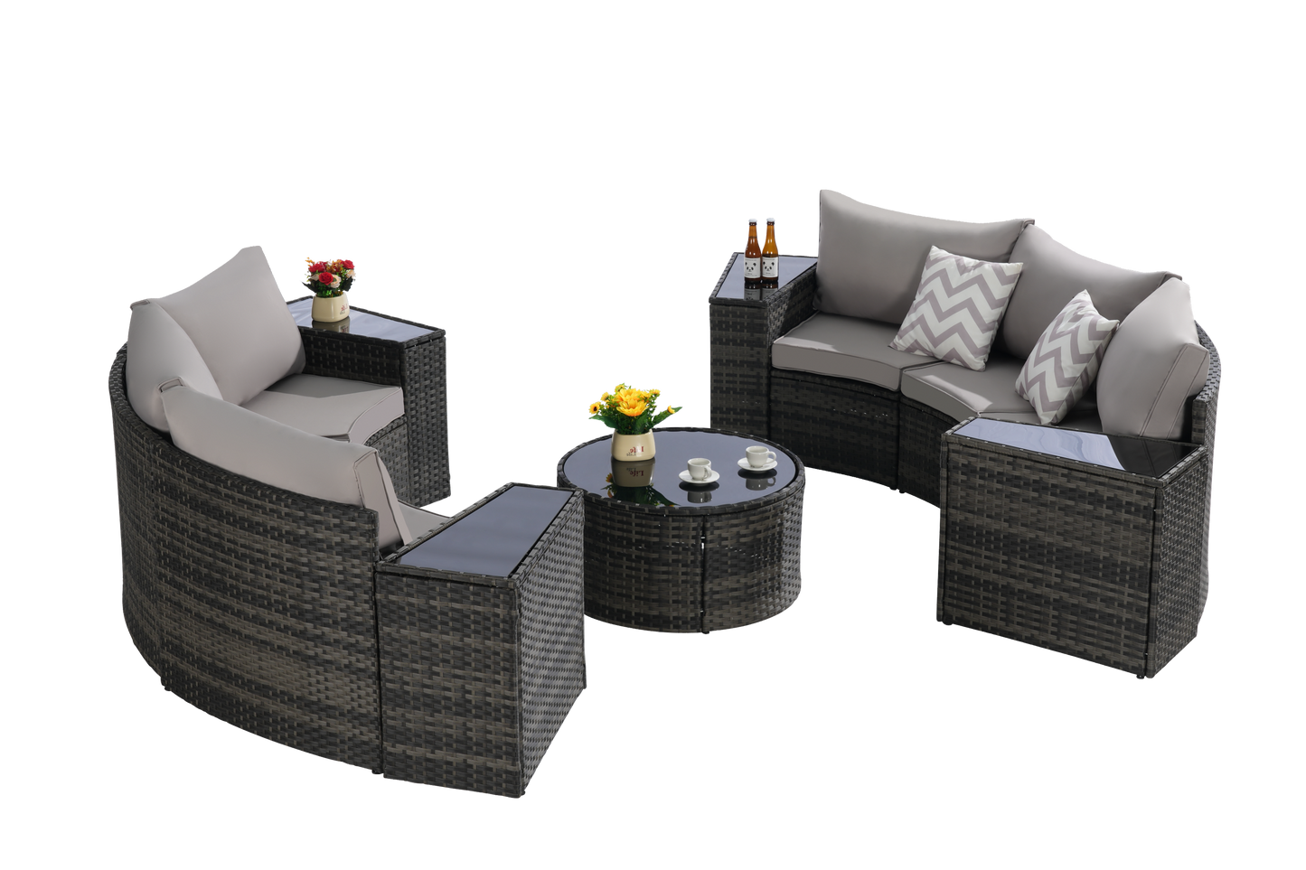 11 Piece PE Rattan Outdoor Sectional Set Light Gray