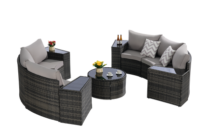 11 Piece PE Rattan Outdoor Sectional Set Light Gray