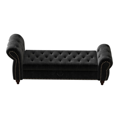 64.5 in Tufted Chaise Lounge Bench with Storage, Velvet Upholstery, Black