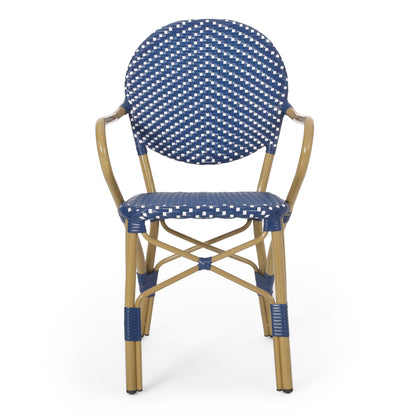 Outdoor PE Rattan and Aluminum 3 Piece French Bistro Set, Dark Teal & White,