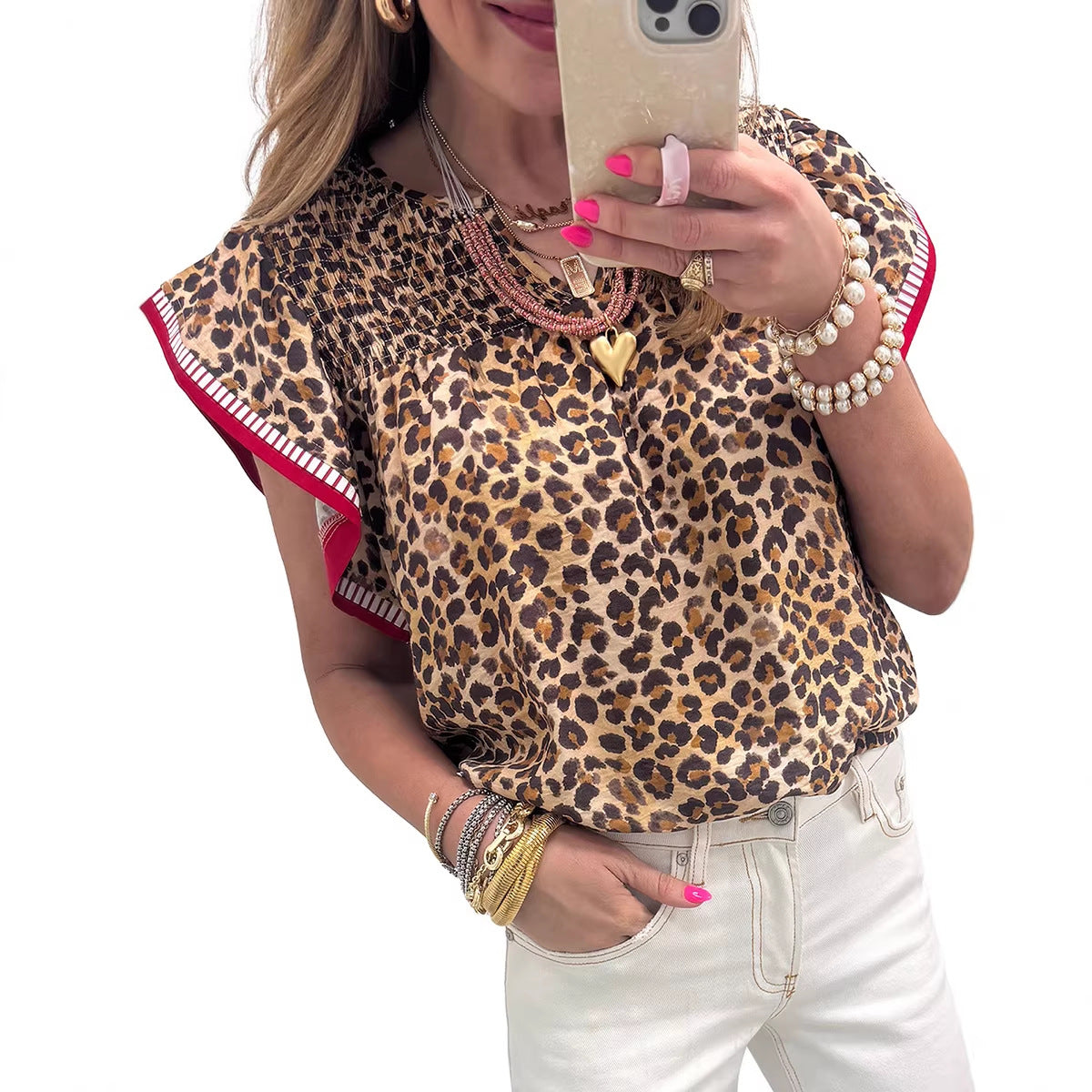 Womens Fashion Leopard-Print Ruffle-Trim Loose Chiffon Blouse