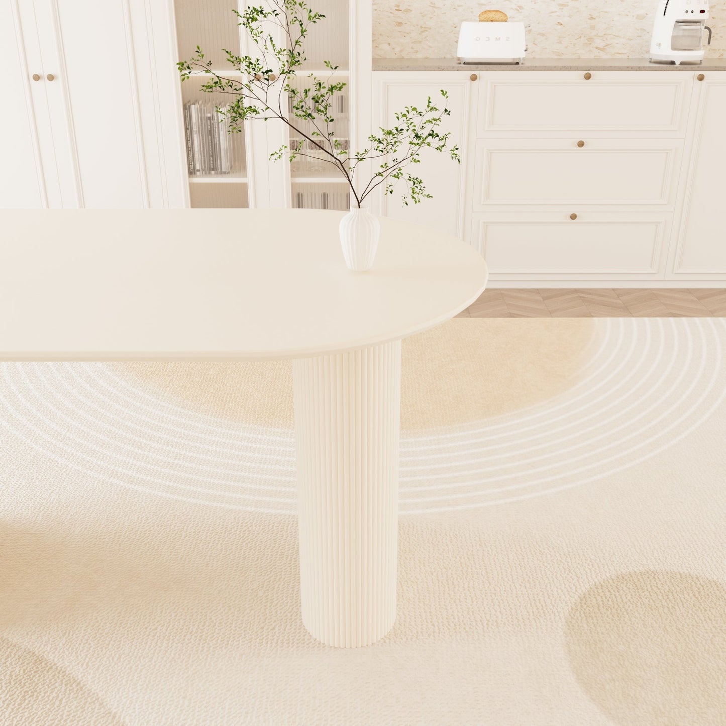 63' medieval modern cream style MDF dining table and beige PU dining chair set,