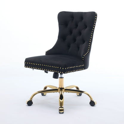 Swivel Office Chair Velvet Black Tufted Button Gold Metal Base 24.8x38.6 In
