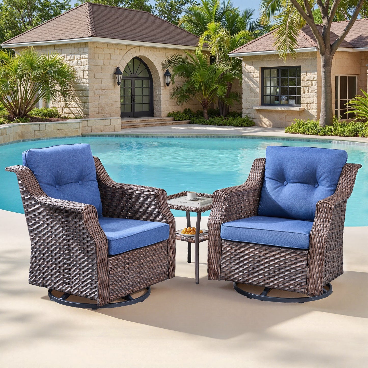 Outdoor Patio Wicker Swivel Rocker 3 Piece Set Blue