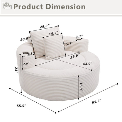 Sofa Round Memory Foam Velvet White with Cup Holder 55 In