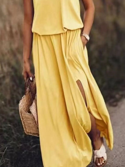 Full Size Round Neck Sleeveless Slit Maxi Dress Plus Size