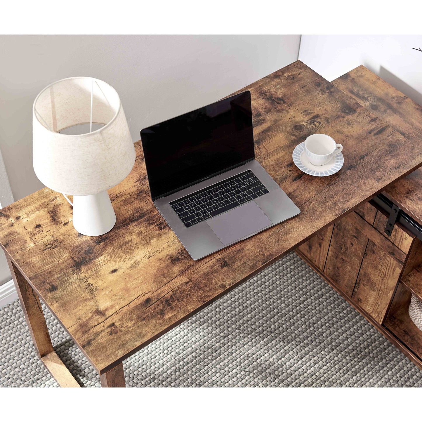 Desk L-shaped Workstation Home Office storage credenza sliding barn door Wood