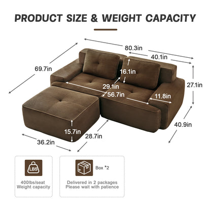 Sectional loveseat L-Shape Corduroy Brown 2 Seat Modular with Ottoman 82 In