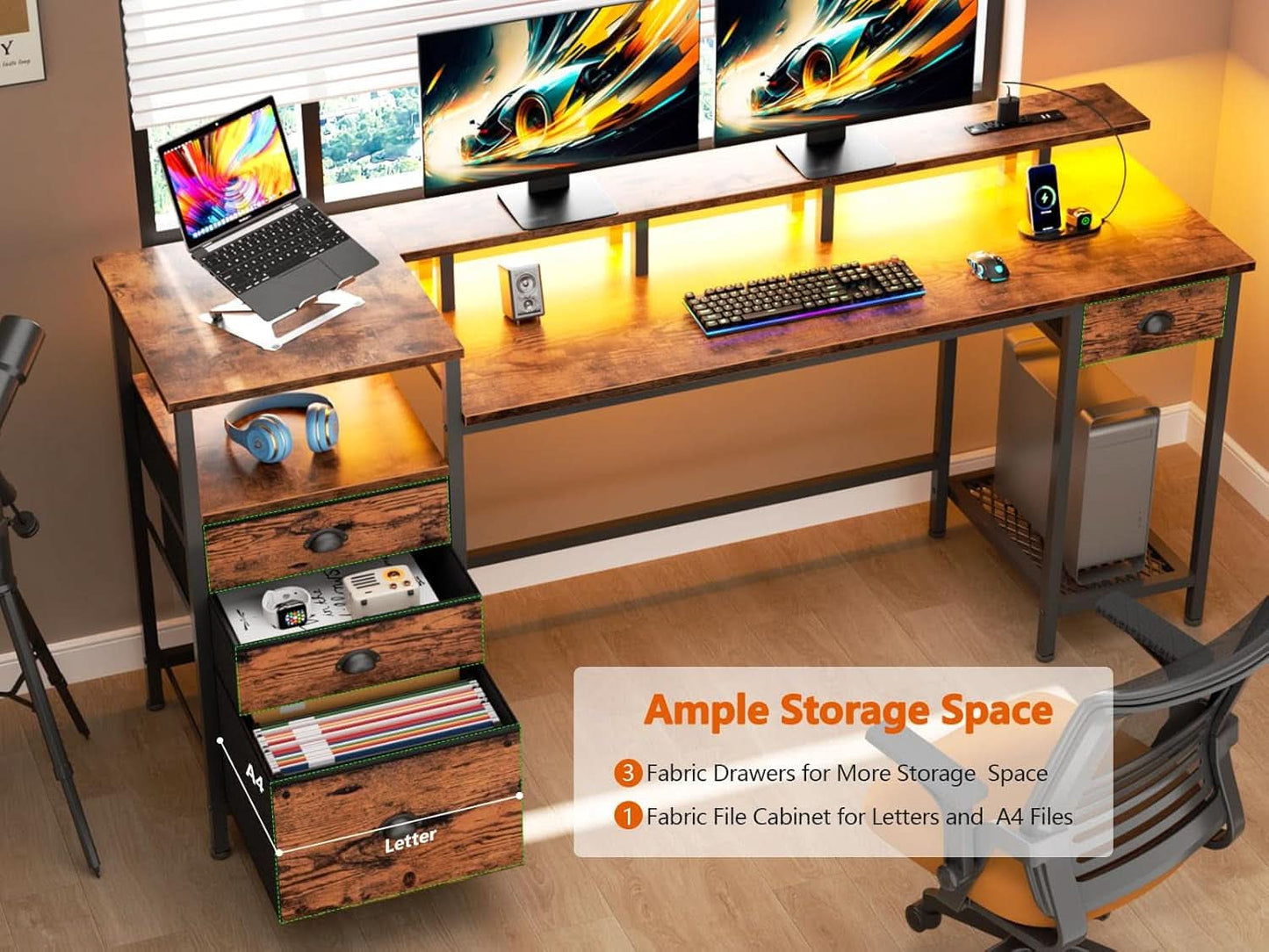 60 Inch Computer Desk With Storage Drawers And LED Lights