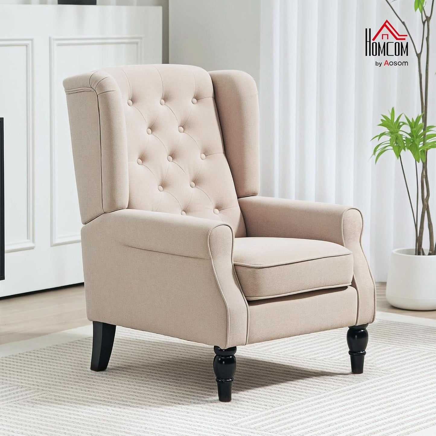 Beige Midcentury Button Tufted Wingback Upholstered Armchair
