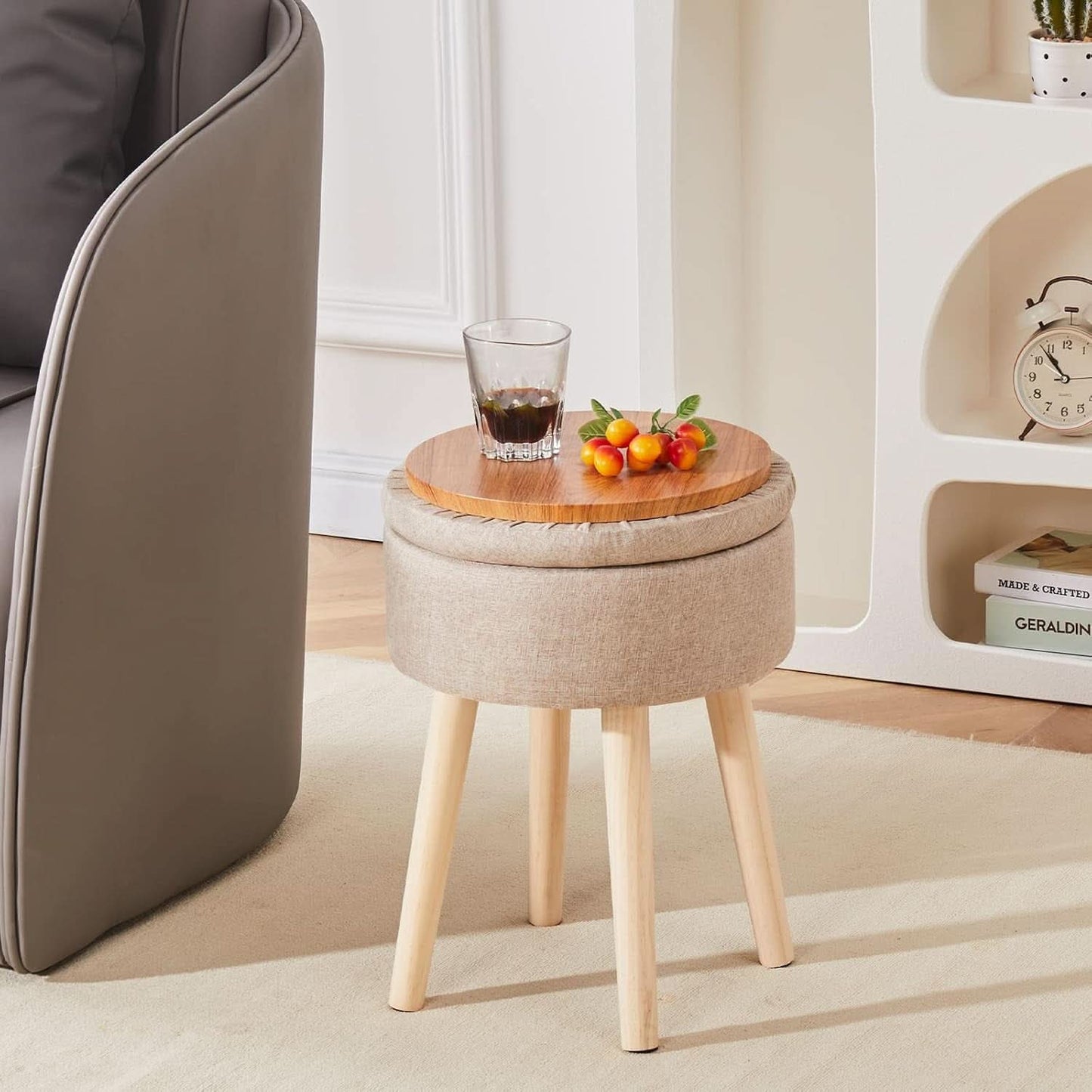 Khaki Linen Storage Velvet Upholstered Ottoman With Tray