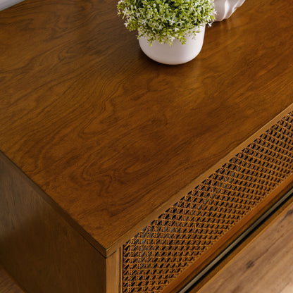 TV Stand Mid-Century Boho Rattan MDF Brown Ebony Sliding Door Fits 65 In TV