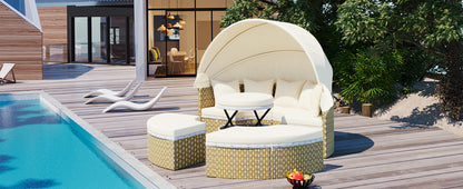 Outdoor Patio Round Rattan Daybed Sectional Beige Retractable Canopy