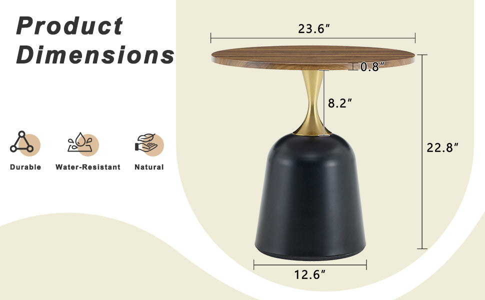 23.6 in Round Side Table, Metal Base, Walnut Wood Grain, Living Room Office