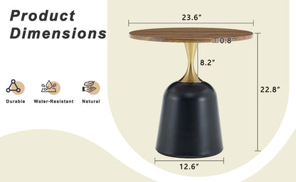 23.6 in Round Side Table, Metal Base, Walnut Wood Grain, Living Room Office
