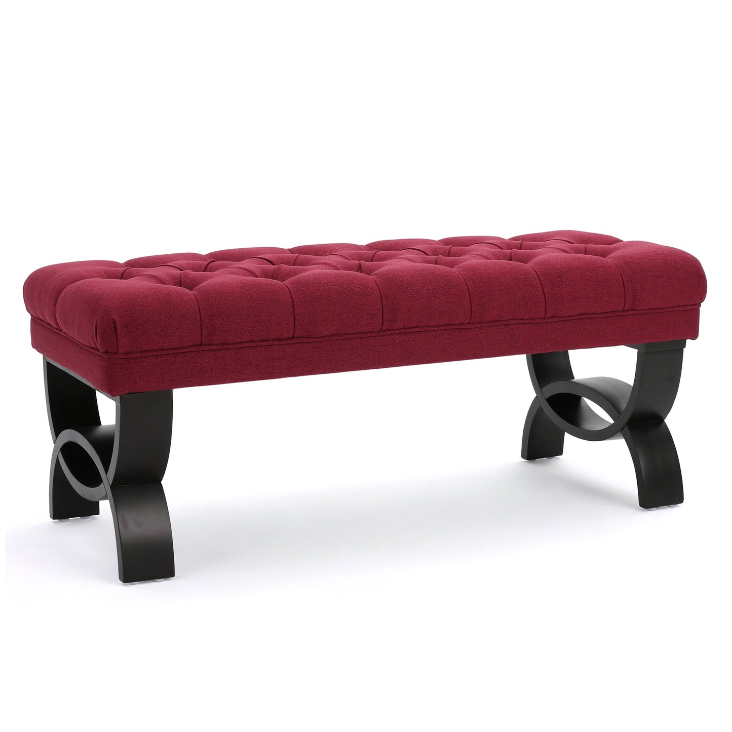 Ottoman Bench Button Tufting Half-Circle Legs, Red Fabric, 41x17x16.75