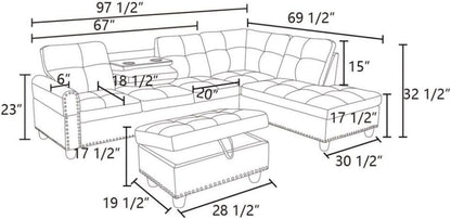 Grey White Flannel L Shaped Sectional Sofa With Ottoman